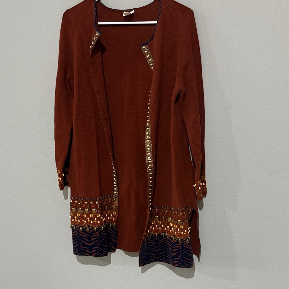 Chico's Rich Brown Cardigan with Beaded Detail long gorgeous - Picture 2 of 9